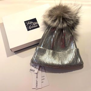 Fox Fur Pom-Pom Metallic Beanie
